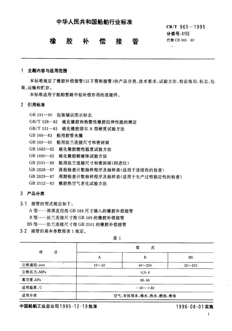 【行業(yè)標準】橡膠補償接管CB/T 965-1995船舶標準 【行業(yè)標準】橡膠補償接管CB/T 965-1995船舶標準